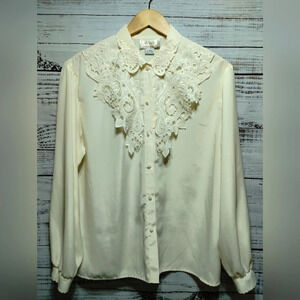 Voir Collection 38 Lace Cream Blouse Vintage‎ 70s Cutout Button Down Office